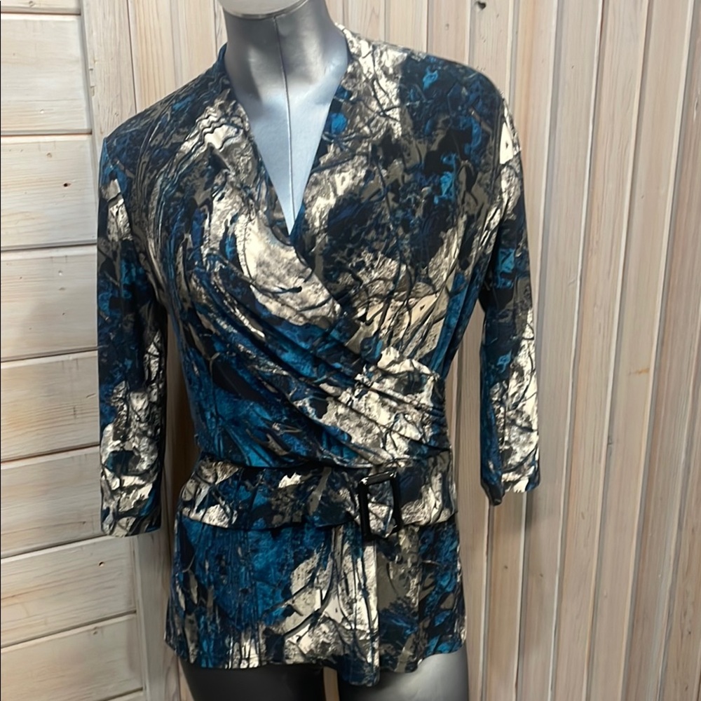 Abstract Blue and White Wrap Blouse with 3/4 Sleeves